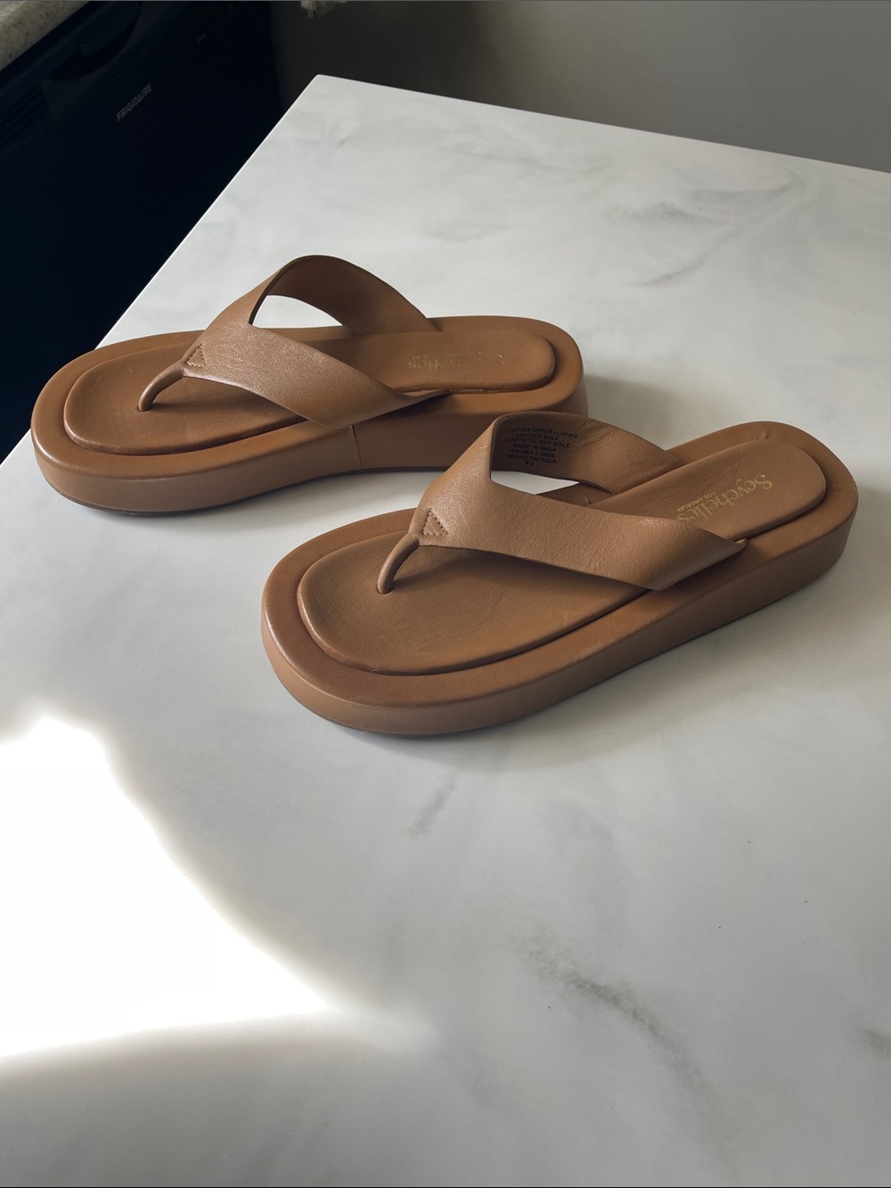 Seychelles Cognac Leather Thong Slide Sandals